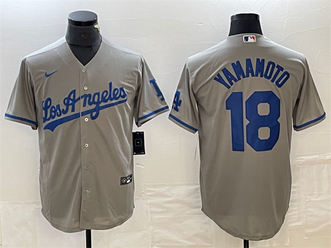 Los Angeles Dodgers #18 Yoshinobu Yamamoto Gray Cool Base With Patch Stitched Jersey - Click Image to Close